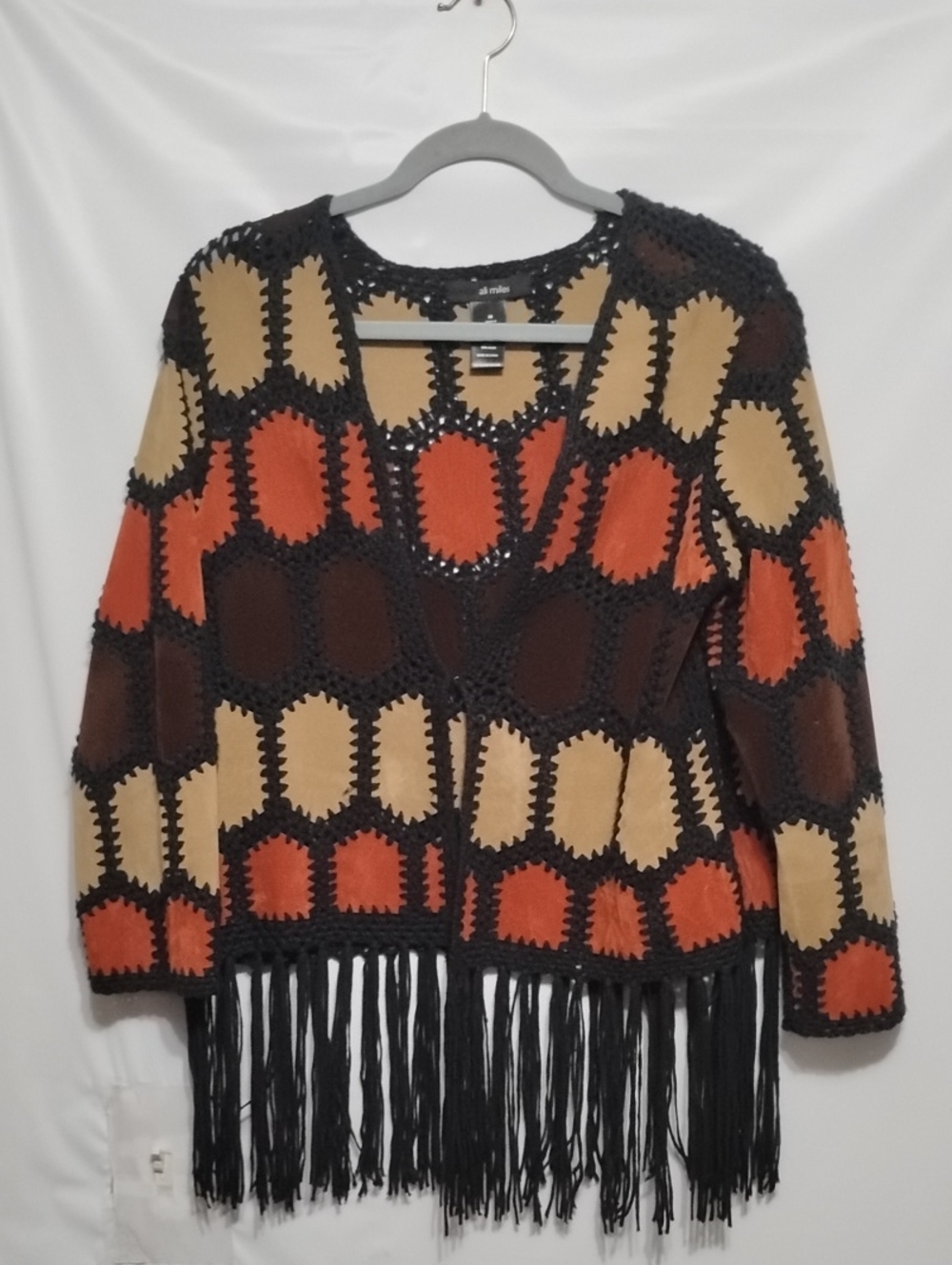 Ali Miles Eclectic Geometric Patchwork Panel Fringe Bohemian Jacket